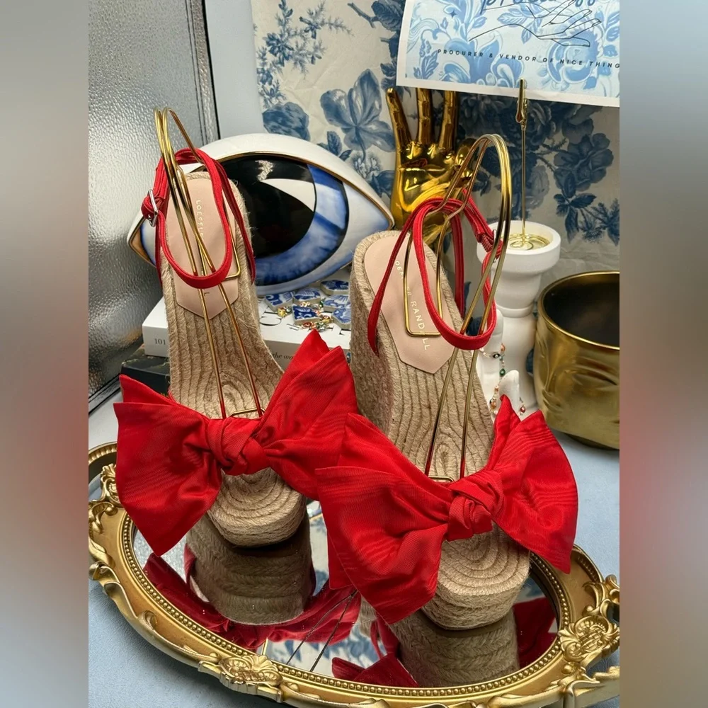 🆕 LOEFFLER RANDALL 🧿 NWOB Angelina Red Moiré Bow Wedge Espadrille, Sz 7